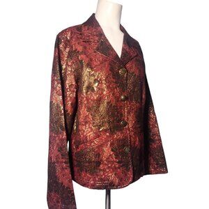 Chicos Floral Metallic Blazer Jacket Sz 2 L Vintage Artsy Career Ornate Button